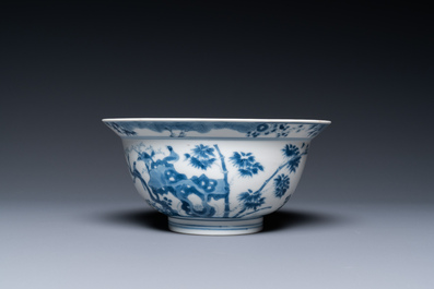 A Chinese blue and white 'twelve magpies' bowl, Chenghua mark, Kangxi