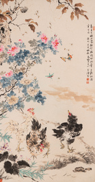 Wang Xuetao (1903-1982): 'Des coqs aupr&egrave;s d'un arbuste de pivoines', encre et couleurs sur papier