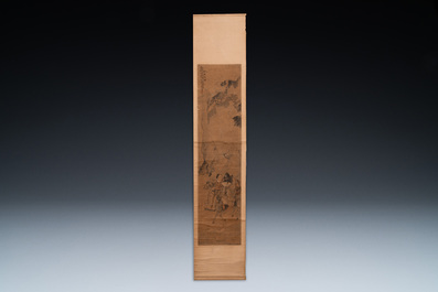 Luo Qing (1821-1899): vier scrolls met figuren in landschappen, inkt en kleur op papier