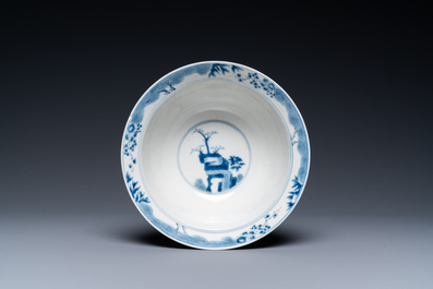 A Chinese blue and white 'twelve magpies' bowl, Chenghua mark, Kangxi