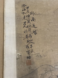 Luo Qing (1821-1899): vier scrolls met figuren in landschappen, inkt en kleur op papier