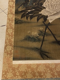 Chinese school: 'Kraanvogels, dennenbomen en pioenen', inkt en kleur op zijde, Qianlong