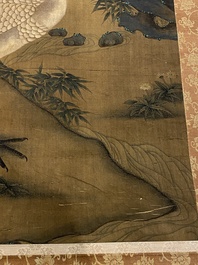 Chinese school: 'Kraanvogels, dennenbomen en pioenen', inkt en kleur op zijde, Qianlong