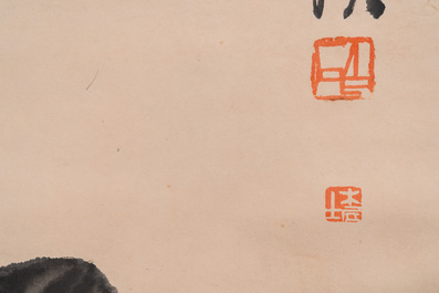 Chinese school, naar en met de signatuur van Qi Baishi (1864 - 1957): 'Perziken', inkt en kleur op papier