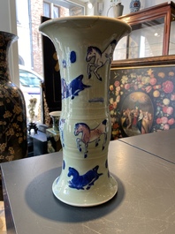 A Chinese blue, white and copper-red celadon-ground 'Eight horses of Mu Wang' vase, Kangxi