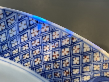 A deep Chinese blue, white and copper-red dish, Chenghua mark, Kangxi