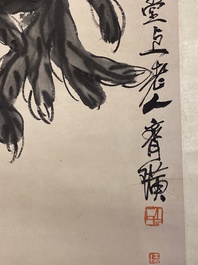Chinese school, naar en met de signatuur van Qi Baishi (1864 - 1957): 'Perziken', inkt en kleur op papier