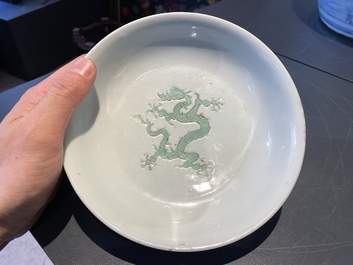 A Chinese incised and green-glazed 'dragon' dish, Hongzhi mark, Ming
