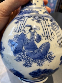 A pair of Chinese blue and white 'Wang Xizhi' bottle vases, Transitional period