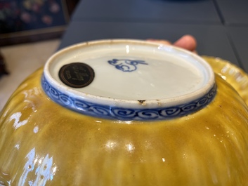 A pair of lobed Chinese blue and white yellow edge plates, 'hare' mark, Wanli