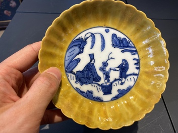 A pair of lobed Chinese blue and white yellow edge plates, 'hare' mark, Wanli