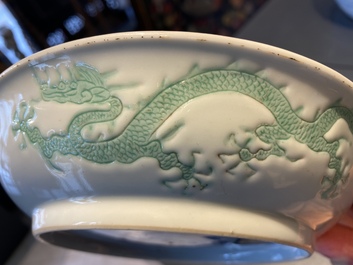 A Chinese incised and green-glazed 'dragon' dish, Hongzhi mark, Ming