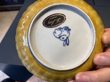 A pair of lobed Chinese blue and white yellow edge plates, 'hare' mark, Wanli
