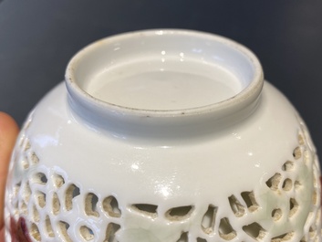 A Chinese reticulated double-walled cup with copper-red and celadon spots, Yongzheng