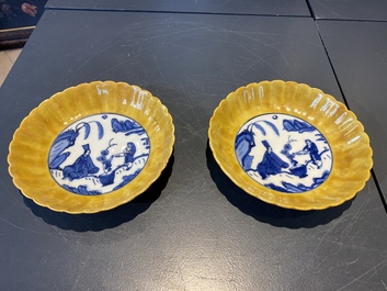 A pair of lobed Chinese blue and white yellow edge plates, 'hare' mark, Wanli