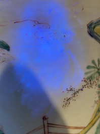 A Chinese famille verte brush pot on gilt bronze stand, Kangxi