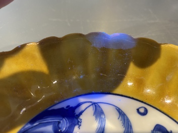 A pair of lobed Chinese blue and white yellow edge plates, 'hare' mark, Wanli