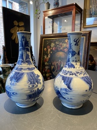 A pair of Chinese blue and white 'Wang Xizhi' bottle vases, Transitional period