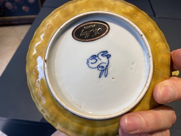 A pair of lobed Chinese blue and white yellow edge plates, 'hare' mark, Wanli