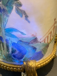 A Chinese famille verte brush pot on gilt bronze stand, Kangxi