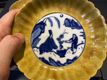 A pair of lobed Chinese blue and white yellow edge plates, 'hare' mark, Wanli