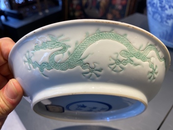 A Chinese incised and green-glazed 'dragon' dish, Hongzhi mark, Ming