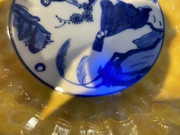 A pair of lobed Chinese blue and white yellow edge plates, 'hare' mark, Wanli