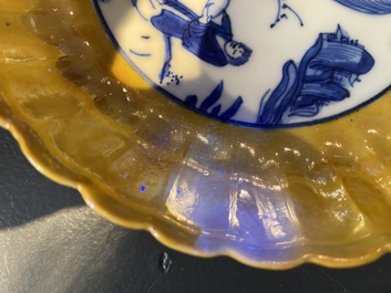 A pair of lobed Chinese blue and white yellow edge plates, 'hare' mark, Wanli