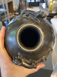 A Chinese bronze 'meiping' vase with applied dragons, Kangxi