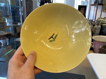 A Chinese yellow-ground 'brinjal' biscuit bowl, Kangxi