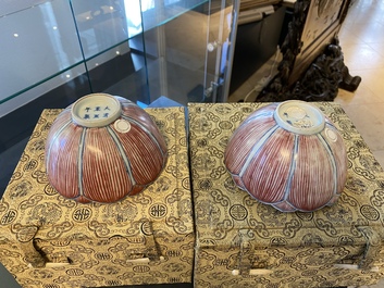 A pair of Chinese blue, white and copper-red 'lotus' bowls, Kangxi mark, 19th C.