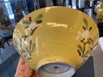 A Chinese yellow-ground 'brinjal' biscuit bowl, Kangxi