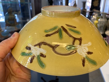 A Chinese yellow-ground 'brinjal' biscuit bowl, Kangxi