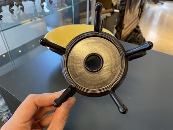 A Chinese yellow-ground 'brinjal' biscuit bowl, Kangxi