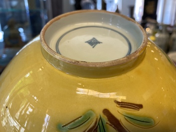 A Chinese yellow-ground 'brinjal' biscuit bowl, Kangxi