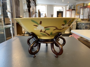 A Chinese yellow-ground 'brinjal' biscuit bowl, Kangxi