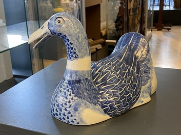 A pair of Chinese blue and white duck-shaped tureens and covers, Republic