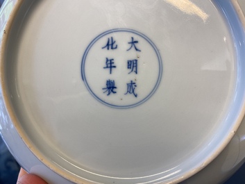 A Chinese doucai 'mandarin ducks' plate, Chenghua mark, 18/19th C.