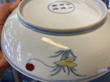 A Chinese doucai 'mandarin ducks' plate, Chenghua mark, 18/19th C.