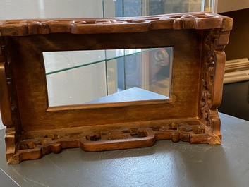 A Chinese rectangular blue-glazed jardini&egrave;re on wooden stand, 19th C.