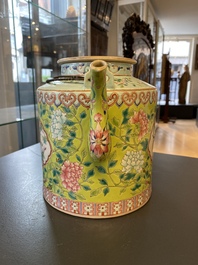 A large Chinese famille rose lime green-ground teapot for the Straits or Peranakan market, Guangxu mark and of the period