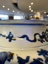 A Chinese blue and white six-handled 'lotus scroll' vase, Wanli