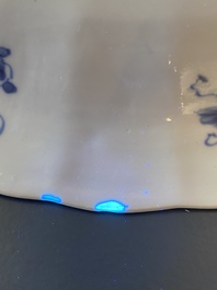 A Chinese blue and white lobed 'crab and fish' dish, Yu mark, Kangxi