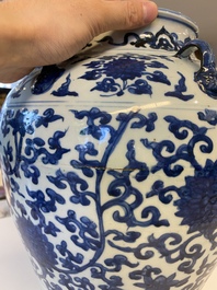 A Chinese blue and white six-handled 'lotus scroll' vase, Wanli