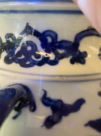 A Chinese blue and white six-handled 'lotus scroll' vase, Wanli