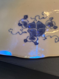 A Chinese blue and white lobed 'crab and fish' dish, Yu mark, Kangxi