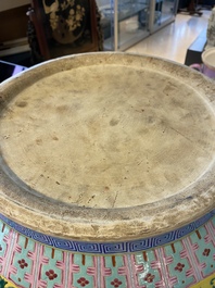 A large Chinese famille rose yellow-ground fish bowl with fine floral scrolls, 19th C.
