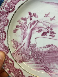 A Chinese puce-decorated 'The young fisherman' plate after Abraham Bloemaert, Qianlong