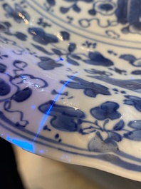 A Chinese blue and white lobed 'crab and fish' dish, Yu mark, Kangxi