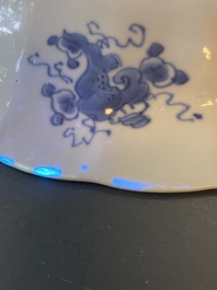 A Chinese blue and white lobed 'crab and fish' dish, Yu mark, Kangxi